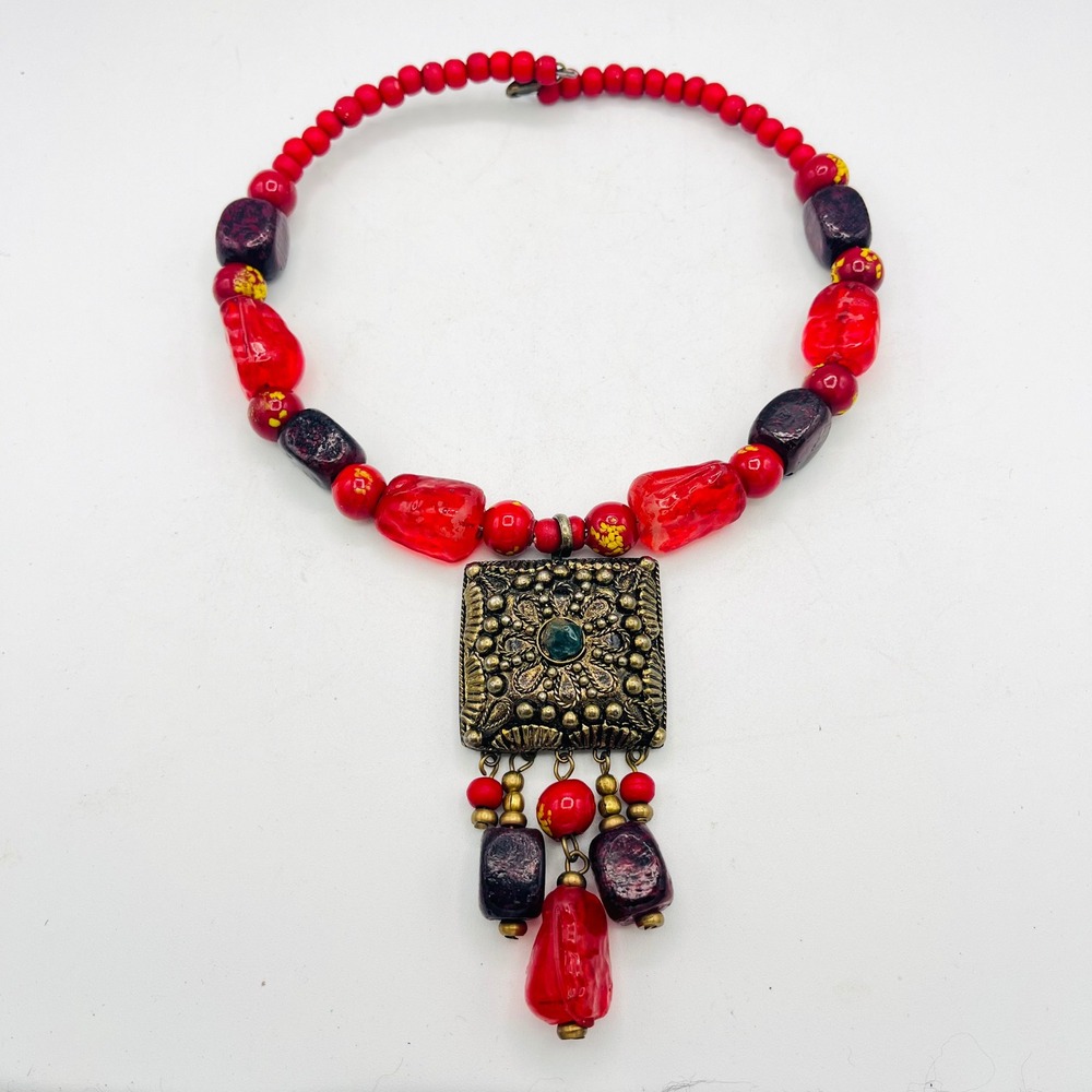 Tibetan Red Beaded Statement Necklace Brass Filigree Pendant 18 Inch Boho